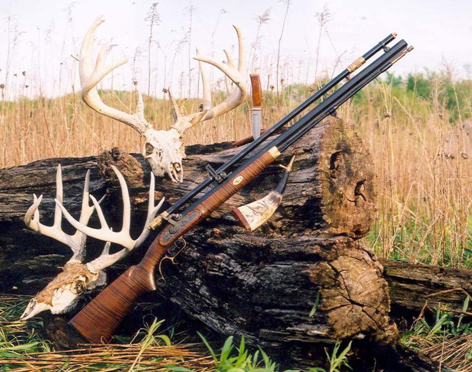 a classic rifle and scope leaning against a skull-covered log