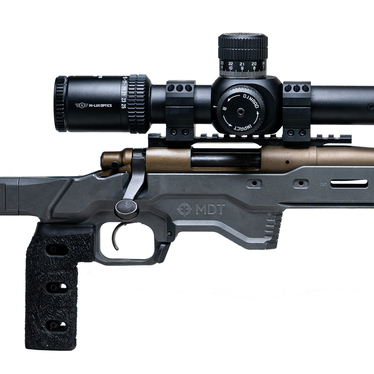PR5 5-25X scope mounted with Max Tac Precision Rings