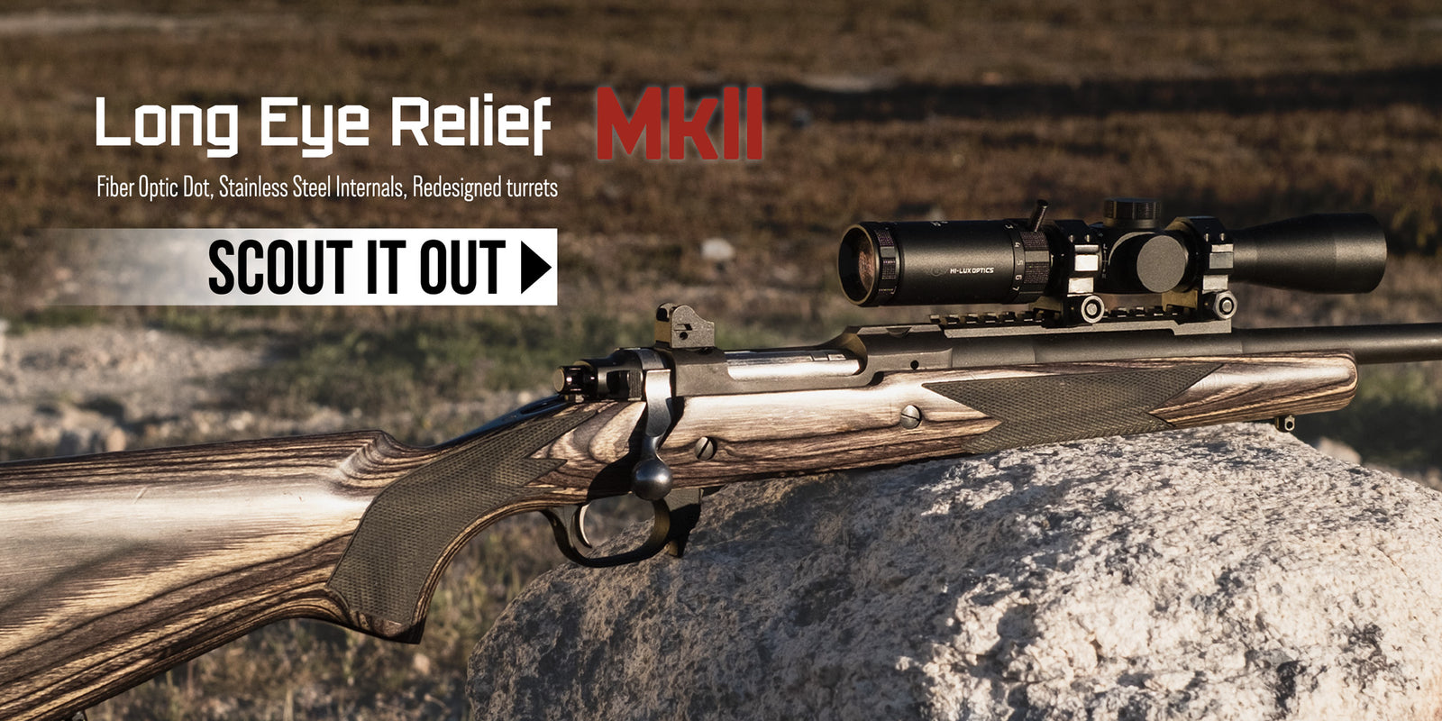 LER MkII scope on a classic Ruger Gunsite Scout, resting comfortably on a rock