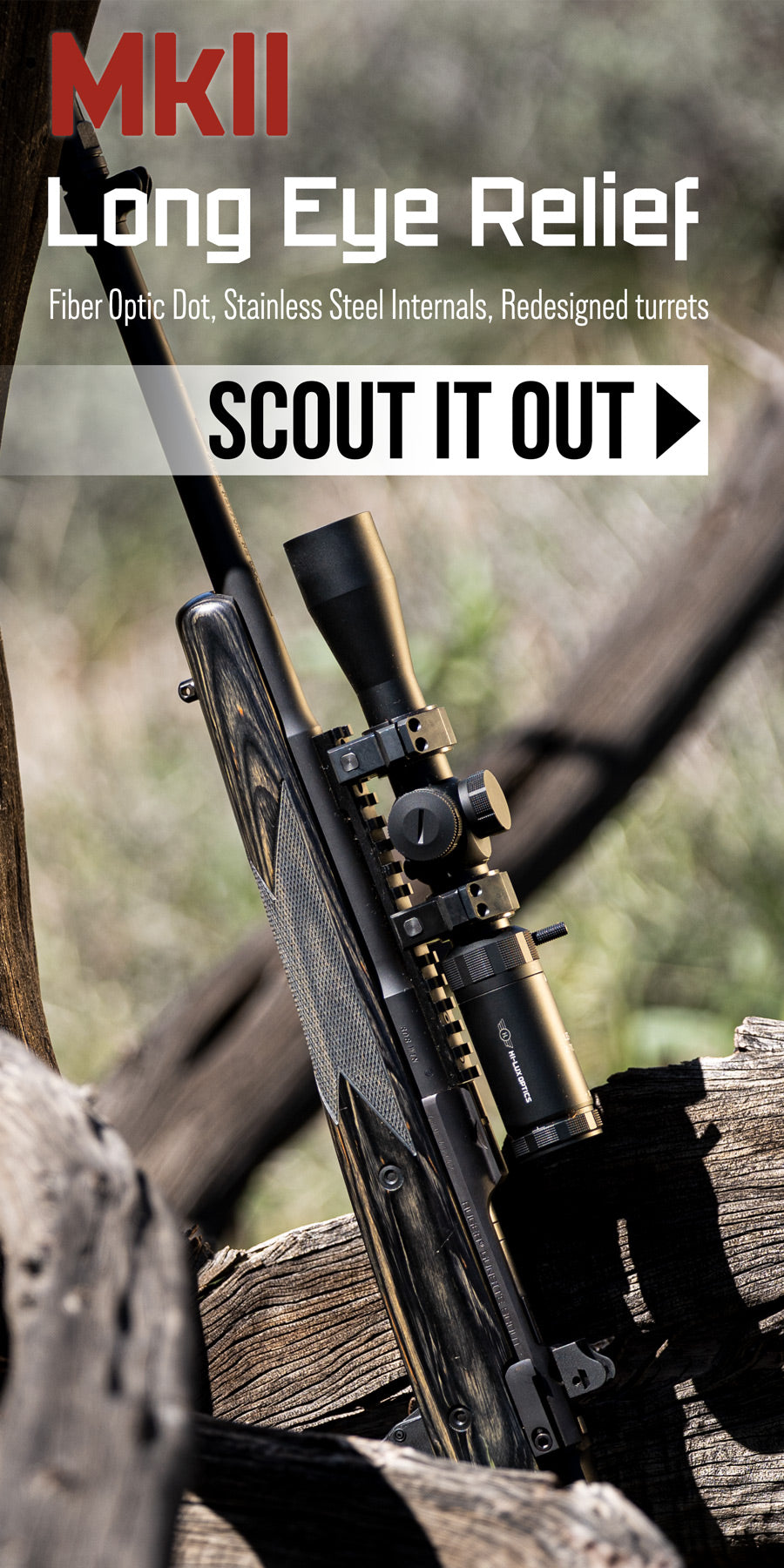 LER scope and a Ruger Gunsite Scout having a pleasant day resting against a dry tree