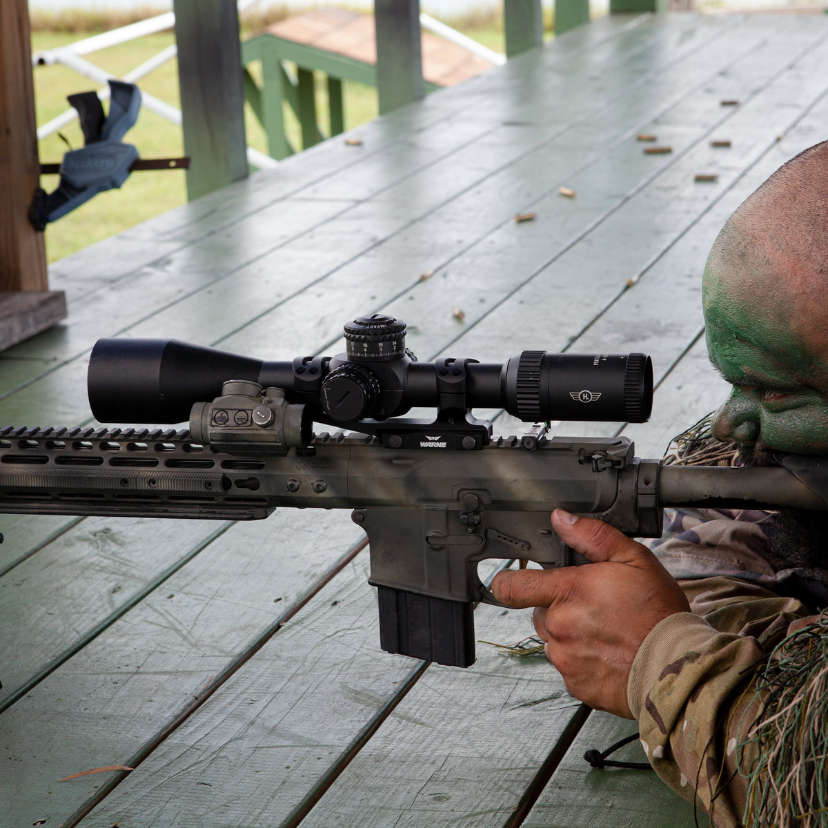 The TacVF 4-20 Scope on a tactical-style battle rifle